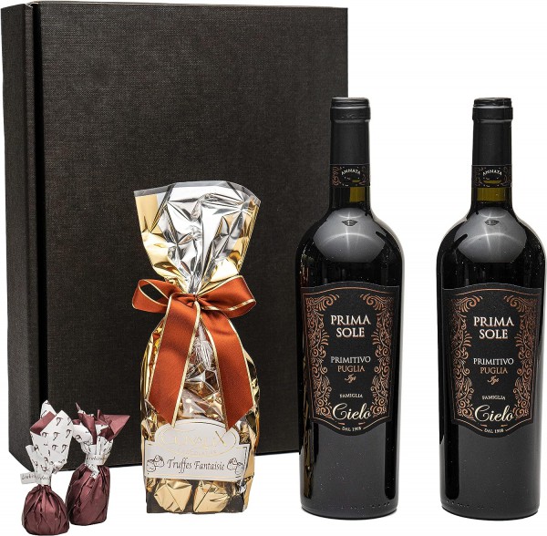 Geschenkset Rotwein: Primitivo Primasole mit Schokoladentrüffel und Feigen in Schokolade