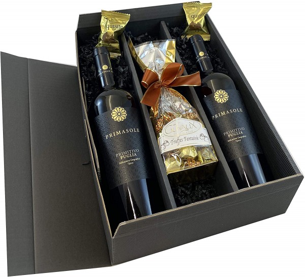 Geschenkset Rotwein: Primitivo Primasole mit Schokoladentrüffel und Feigen in Schokolade