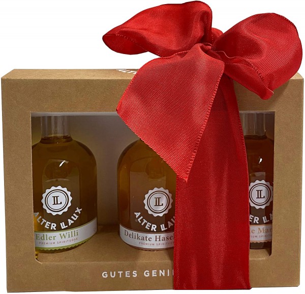 Geschenkset Alter Laux Spirituosen | Williams | Marille | Haselnuss | 3 x 50 ml | mit Schleife